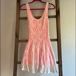 Nordstrom Love Fire Neon Pink and Cream Floral lace Dress